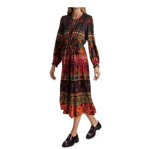 NEW NWT Anthropologie Farm Rio Mixed Patchwork  Midi Dress Long Sleeves Size M